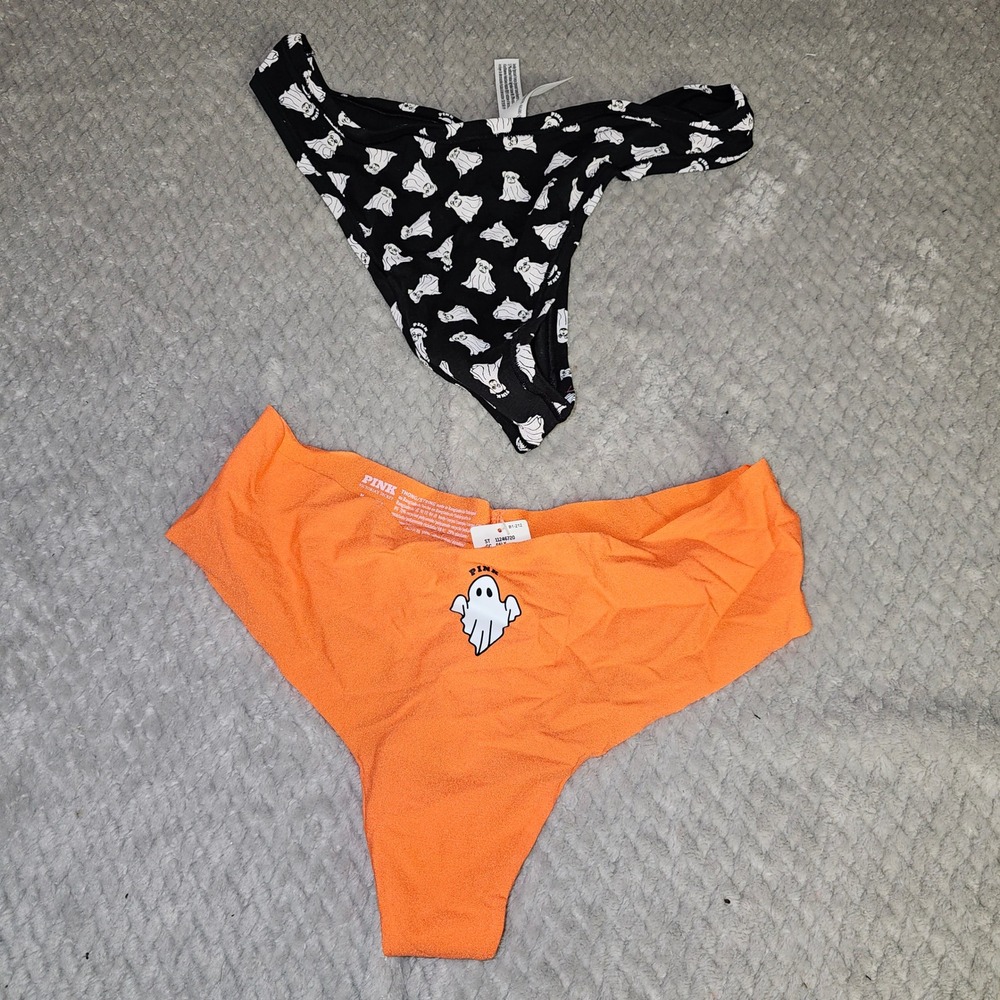 PINK Victoria's Secret Thong Bottoms M Halloween Ghost Orange Black 2PC Set